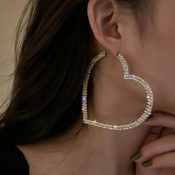 Silver Crystal Rhinestone Big Heart Fashion Statement Hoop Earrings - Picture 3 of 9
